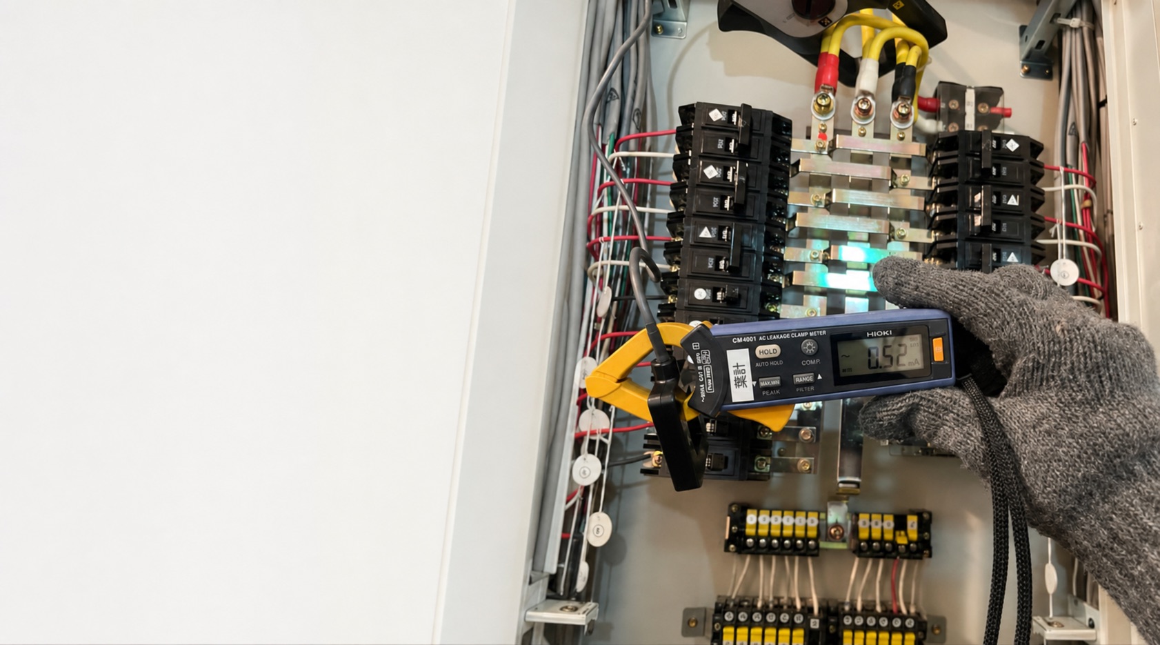 配電盤を測定する作業のイメージ。計測器の白いラベルは「葉計」